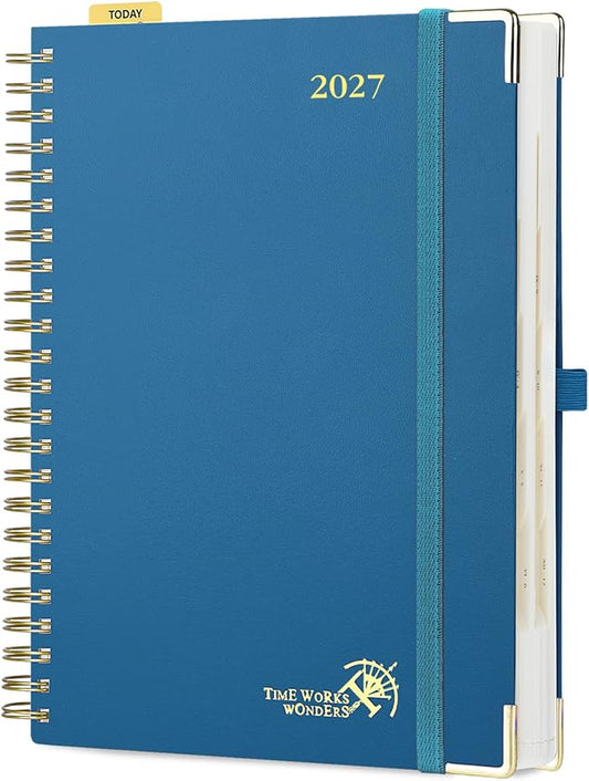 POPRUN 2027 Daily Planner One Page Per Day, Large 8.5" x 12", Calendar Book from Jan 2027 - Dec 2027, Hardcover Appointment Book with Hourly Time Slots, Spiral Bound, Monthly Tabs - Night Sky Blue