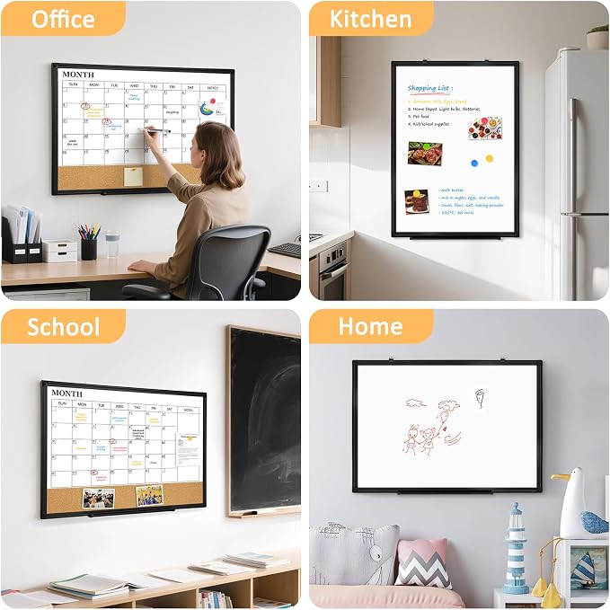 Monthly Dry Erase Calendar Whiteboard with Corkboard, 30" x 20", Black | Magnetic, White Board Cork Board Combo, Double Sided, Wall Mounted, Aluminum Frame, for Home, Office, Kitchen, Dorm