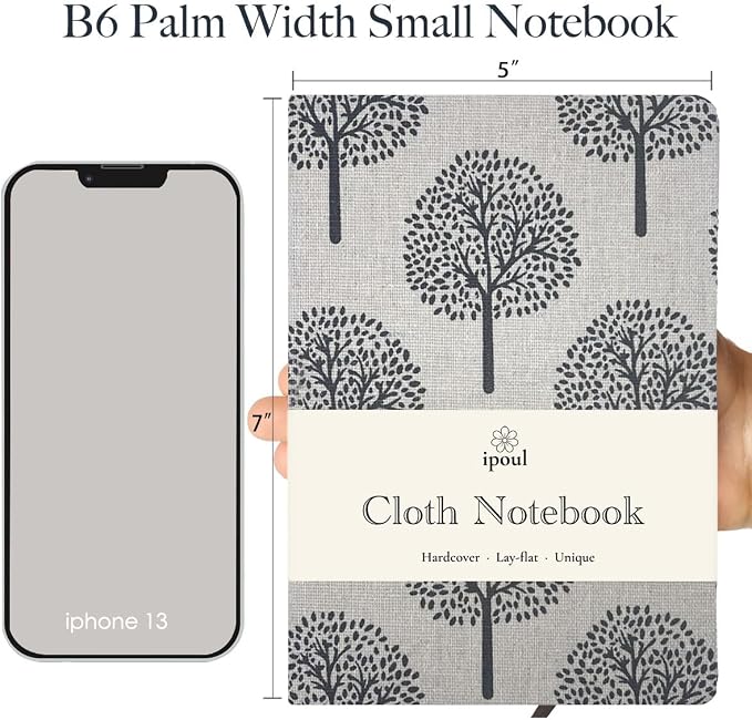 B6 Small Notebooks 5x7, Linen Cloth, Hardcover, Lay Flat, Ruled & Blank 264 Pages Thick Sketchbook, Black Tree Beige Fabric, Wear-resistant Writing Journal