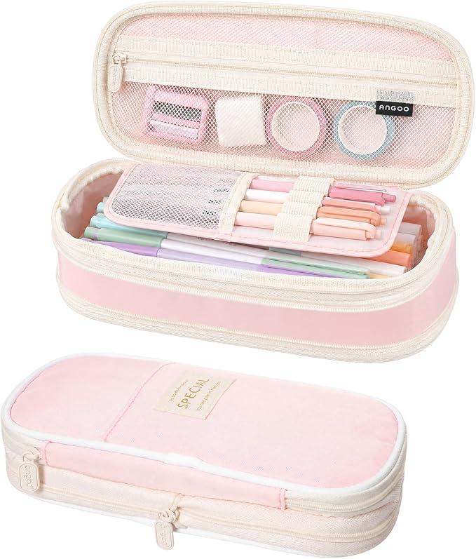Large Capacity Pencil Case Pencil Bag with Zipper Pencils Pouch Organizer | Pink, Portable, Sturdy Zipper, Office College Stationery, Aesthetic Pen Bag, Multiple Pockets, Storage Travel Holder Box