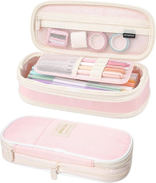 Large Capacity Pencil Case Pencil Bag with Zipper Pencils Pouch Organizer | Pink, Portable, Sturdy Zipper, Office College Stationery, Aesthetic Pen Bag, Multiple Pockets, Storage Travel Holder Box