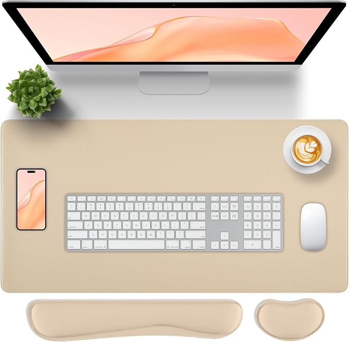 Beige Leather Desk Pad and Keyboard Wrist Rest, 3in1 Mouse Pad + Keyboard Wrist Rest + Mouse Wrist Rest, Non-Slip Waterproof Desk Writing Pad for Office and Home (27.6"×13.8")