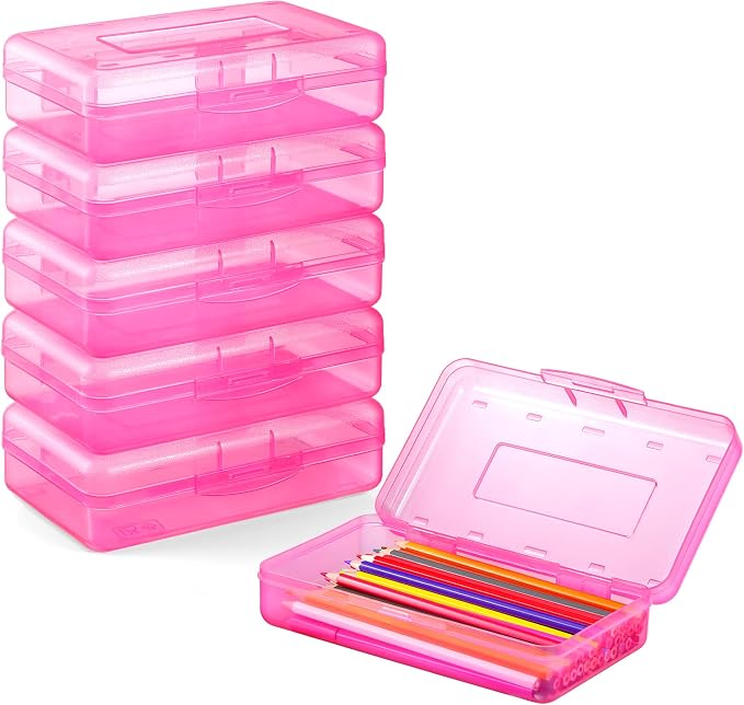 6 Pack Pencil Box, Sooez School Box, Hard Pencil Boxes for School Supplies Bulk, Large Plastic Pencil Case with Lid, Clear Pencil Container, Stackable School Box Crayon Boxes Bulk for Kids, Pink