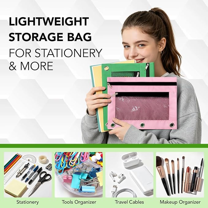 Pencil Pouch for 3 Ring Binder, Heavy Duty Canvas Dual Zipper Pen Bag with Clear Window, Smooth Metal Zipper, Fit Standard 3-Ring Binders for School Office Travel Supplies