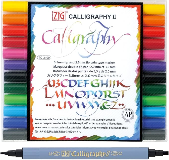 Kuretake ZIG Calligraphy Marker Pens, 12 Colors set, 2mm & 3.5mm Dual Tip Markers, for Writing & Hand Lettering, for Professional, Beginner, Water-based dye ink, Made in Japan