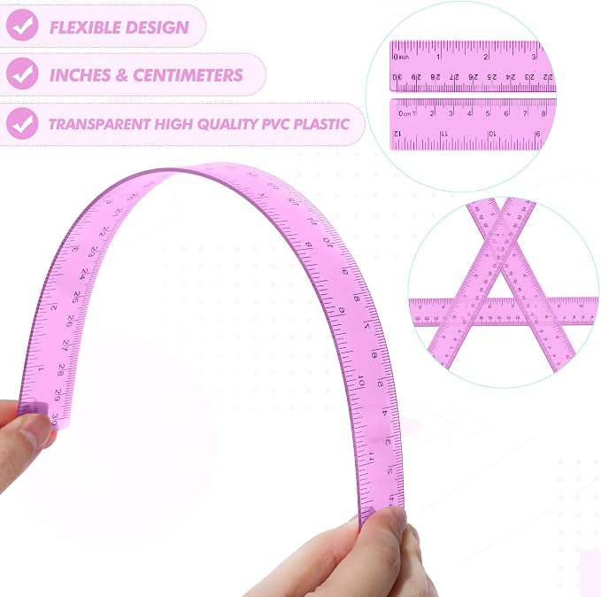 Zonon 2 Pcs 12 Inch Clear Ruler and 6 Inch Plastic Protractor Set, Dual Scale Inch/Cm Math Geometry Measuring Tools for Back to School Students Teachers Classroom Office Drafting Use(Pink)
