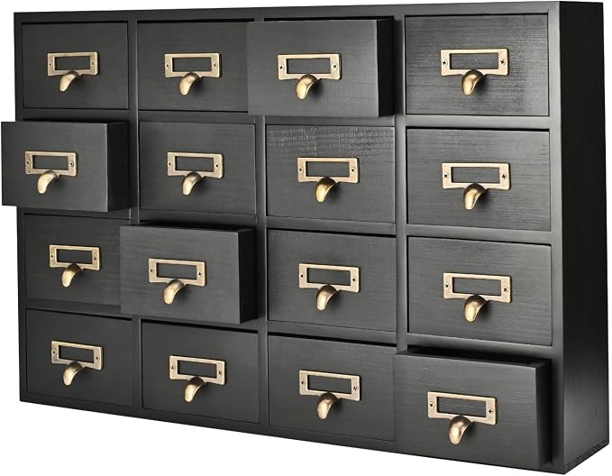 Flexzion Apothecary Cabinet with Drawers - 16 Vintage Drawers, Card Catalog Cabinet, Black Wooden Tabletop Desktop Organizer for Home Office, Jewelry, Makeup, Tools & Small Item Storage