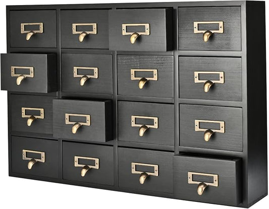 Flexzion Apothecary Cabinet with Drawers - 16 Vintage Drawers, Card Catalog Cabinet, Black Wooden Tabletop Desktop Organizer for Home Office, Jewelry, Makeup, Tools & Small Item Storage