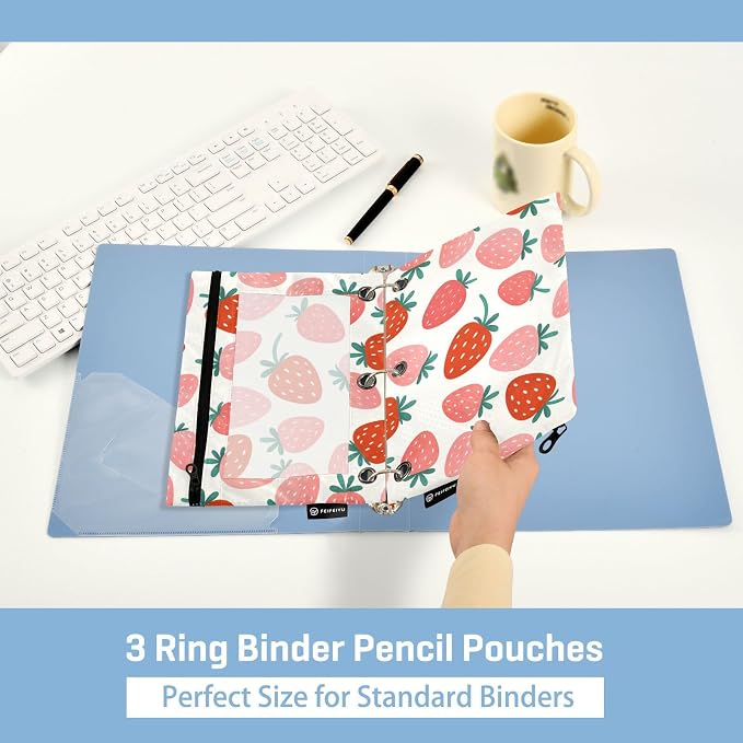 ALAZA Pencil Pouch for 3 Ring Binder, Fruit Strawberry Binder Pencil Pouches with Clear Window Zipper Pencil Case Cosmetic Bags for Office College Supplies, 2PCS