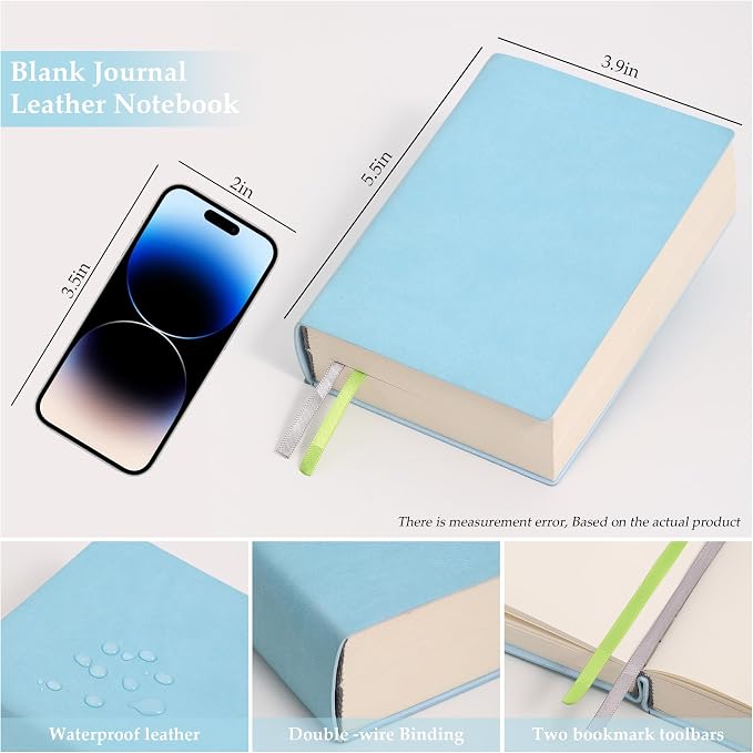 Blank Journal Notebook 720 Pages A6 Unlined Plain Sketchbook No Lines Soft Leather Small Blank Notebook for Women Drawing Book Memo Writing Sketch Diary Notebook 3.9 × 5.5 (Blue Blank Notebook)