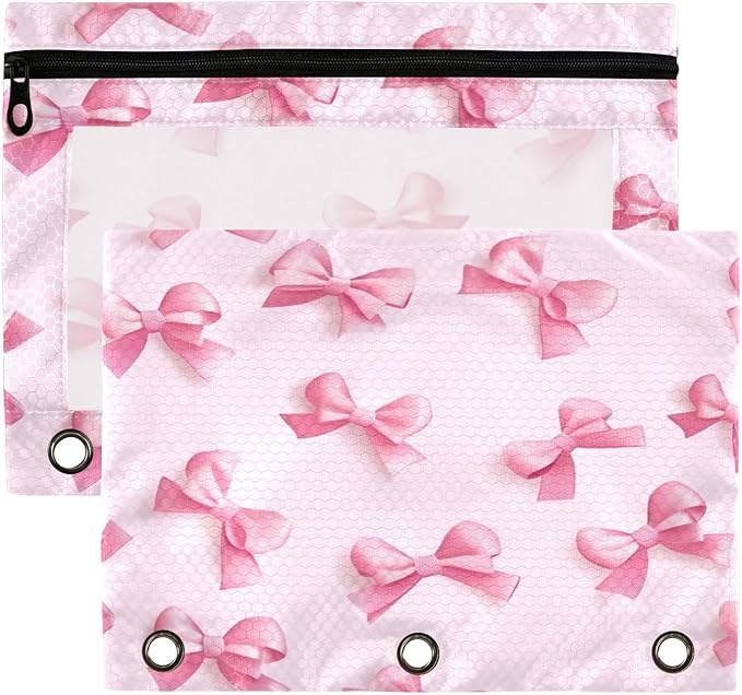 Pink Bows (1) Pencil Pouch Fits standard 3-ring binders, Zipper Binder Pencil Bag with Clear Window for Office 2 Pack