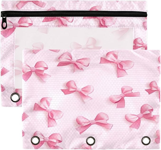 Pink Bows (1) Pencil Pouch Fits standard 3-ring binders, Zipper Binder Pencil Bag with Clear Window for Office 2 Pack