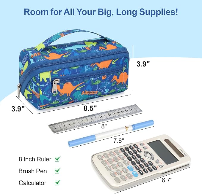 Large Pencil Case for Boys - Aesthetic Pencil Pouch for School | Kids Pencil Case & Wide Handle, Water Resistent Organizer Box,Fits 50 Pens & Markers, Daily Use, Blue Dinosaur