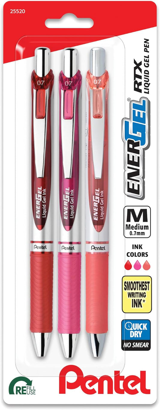 Pentel EnerGel RTX Retractable Liquid Gel Pen, 0.7mm, Journaling Hue, Red, Pink and Coral Ink, Pack of 3 Pens (BL77RBJBP3M)
