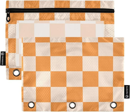 Orange Checkerboard Pencil Pouch for 3 Ring Binder 2 Pack Zipper Binder Pencil Bag Case with Clear Window Office Supplies
