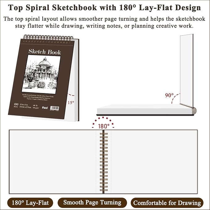 Fuxi Sketchbook 8.5x11, 100 Sheets Hard Cover Sketch Book 8.5" x 11", 68 lb/100gsm Drawing Pad Paper, Spiral Sketch Pad 8.5" x 11", Blank Sketchbook for Art Class, Artist Supplies for Adults