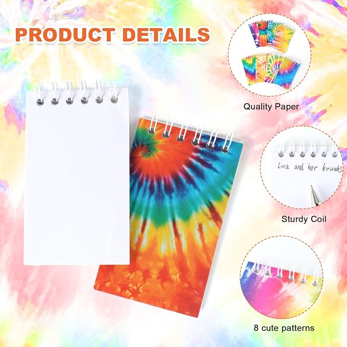 OZIO 32PCS Mini Tie Dye Notepads Multicolor Style Pocket Notebooks, Spiral Mini Notebook Pastel Art Party Small Notepad for Tie Dye Birthday Party Favors, 8 Styles