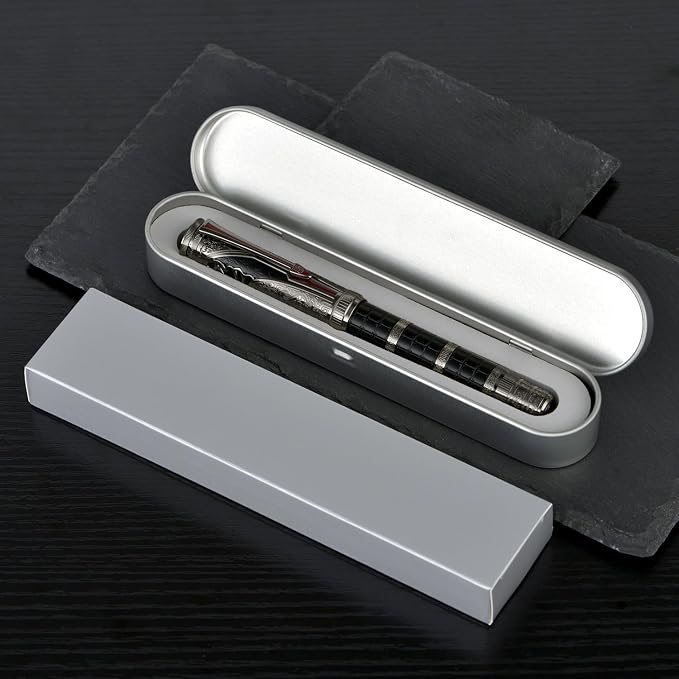 Hongdian D5X Fountain Pen Black Fine Nib, Qin Dynasty Retro Chinese Totem Engraving with Converter and Pen Box Set