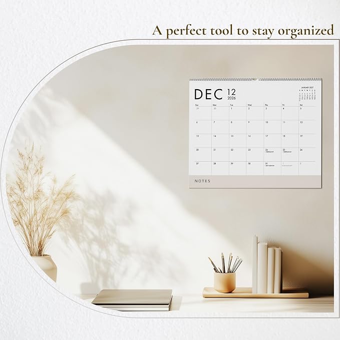 Horizontal Wall Calendar 2026-2027, 18 Months Hanging Calendar (January 2026 - June 2027) Modern White Design with Beige Notes Section 11x13.5 Inches