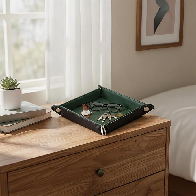 Valet Tray Desktop Storage Organizer – Vegan Leather Catchall Tray Bedside Vanity Tray Nightstand Caddy Holder for Remote Controller, Watch, Keys, Phone, Wallet, Coin, Jewelry, Midnight Green