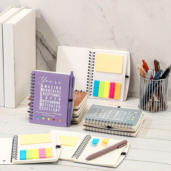 Jetec 100 Pcs/50 Sets Back to School Teacher Gifts Motivational Spiral Notebook with Sticky Notes Pen Bulk Inspirational Journals Thank You Gift for Employee Coworker Birthday Party (Morandi Earth)