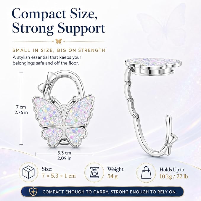 Purse Hook for Table, Foldable Handbag Hanger for Women, Portable Bag Holder with Non-Slip Base, Cute Bling White Butterfly Purse Table Hook for Restaurant Office Travel Gift