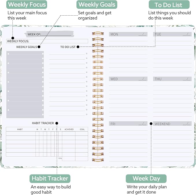 Thboxes A5 Weekly Planner, Undated Spiral To Do Notebook, Green Leaves | Spiral Binding, Stickers, Planners for Home, Work, Office, College, School Supplies for Girls, Kids, Students, Teachers Gifts