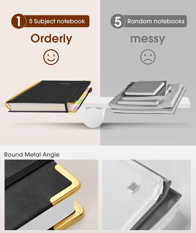 Hardcover Spiral Notebook 8.5"x11" Journal with Removable Dividers Tabs, 300 Pages Leather 5 Subject Notebook College Ruled, Large A4 Notebooks for Work School, Lined Journal for Women, A4 Black