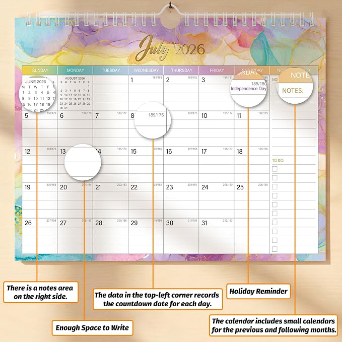 Wall Calendar July 2026 – December 2027 – 18 Monthly Calendar, 11 x 8.7 In, with Holidays, Julian Dates, Thick Paper & Notes Space, Home Office Wall Decoration