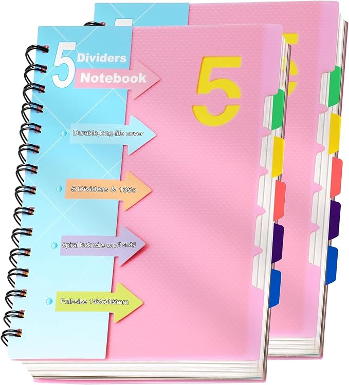 CAGIE 2 Pack 5 Subject Notebook, Small Spiral Notebook with Tabs | 6.1'' x 8.2'', A5 Spiral Notebooks College Ruled for Women, 240 Pages Note book for School Note Taking, Pink