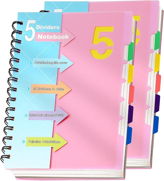 CAGIE 2 Pack 5 Subject Notebook, Small Spiral Notebook with Tabs | 6.1'' x 8.2'', A5 Spiral Notebooks College Ruled for Women, 240 Pages Note book for School Note Taking, Pink