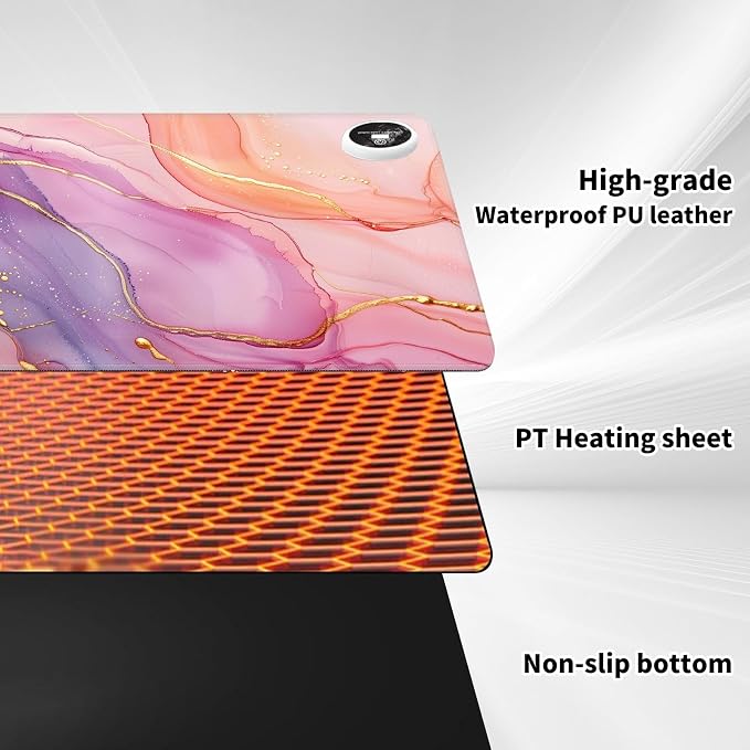 Heated Desk Pad Mouse Pad,Heated Desk Mat,with 3 Heating Levels & 3 Hours Auto Shut-Off,Leather 23.6"*14.2" Gaming Mouse Laptop Mat,Foot Warmer,Pink Golden Marble