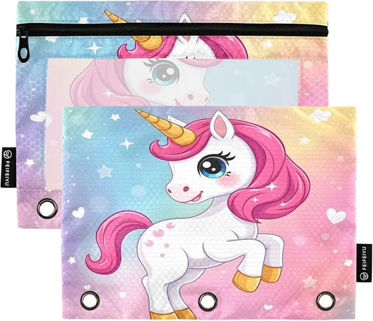 ALAZA Pencil Pouch for 3 Ring Binder, Cute Unicorn Rainbow Binder Pencil Pouches with Clear Window Zipper Pencil Case Cosmetic Bags for Office College Supplies, 2PCS