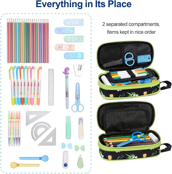 Bagseri Pencil Case for Boys - Expandable Cute Kids Pencil Case | Wide Opening Pencil Pouch Organizer for School Supplies, Cute Kids Pencil Case for Boys, Green Jungle Dinosaur