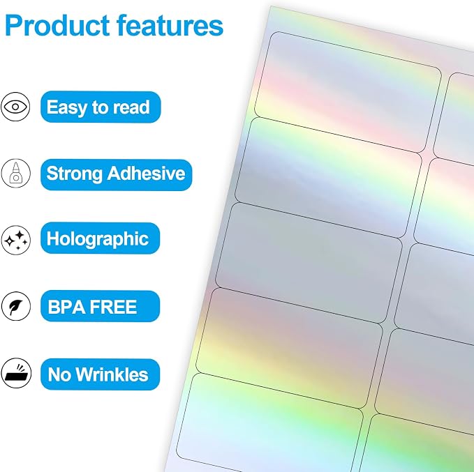 Shipping Labels Stickers, 2"×4" Printable Holographic Mailing Labels for Laser/Inkjet Printing- Matte, Permanent Adhesive Sticker, Holographic Silver/ 20 Sheet