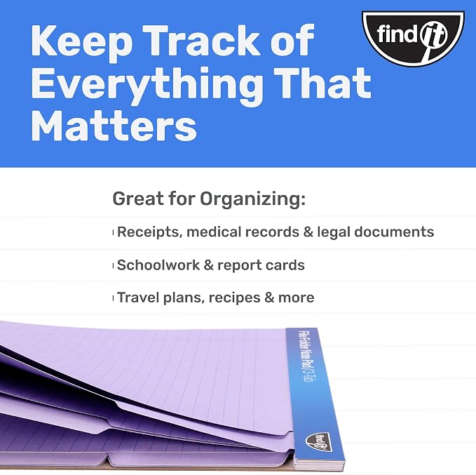 Find It File Folder Notepad, 72-Ct 3rd-Cut Tab Organizer Folders, Lavender | Wide-ruled clipboard-style pages, front and back ruled, perforated tear-out sheets, office and school filing organization