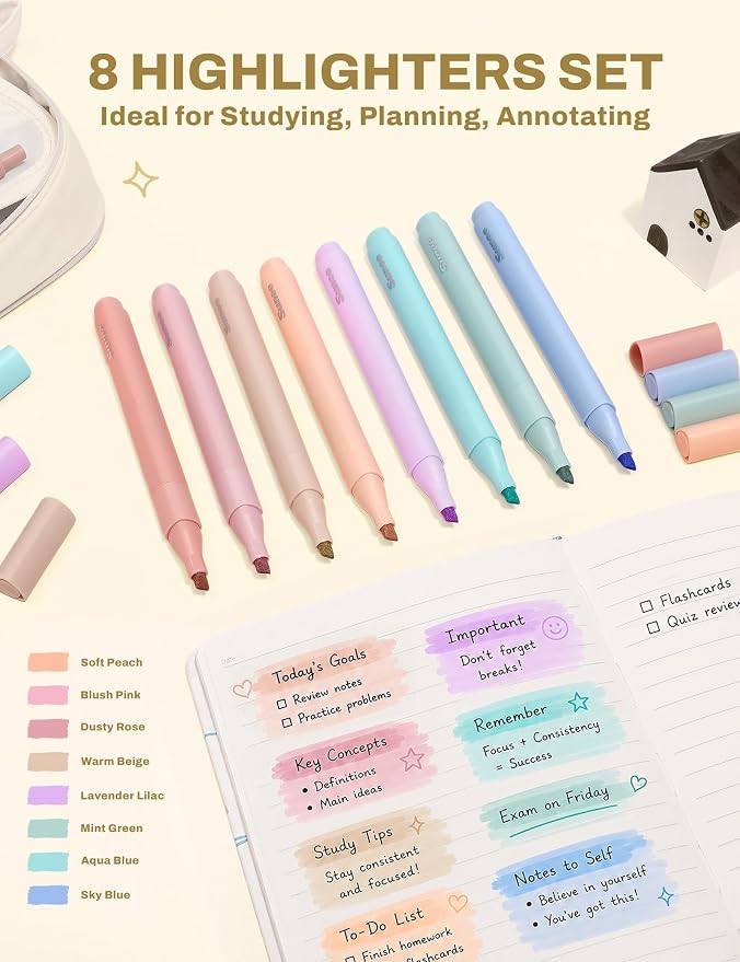 SUNEE 35PCS Aesthetic Stationery Set with Cute Pencil Case, Pastel Highlighters, Black Gel Pens, Mechanical Pencils & Refills, College School Supplies for Students Girls Beige