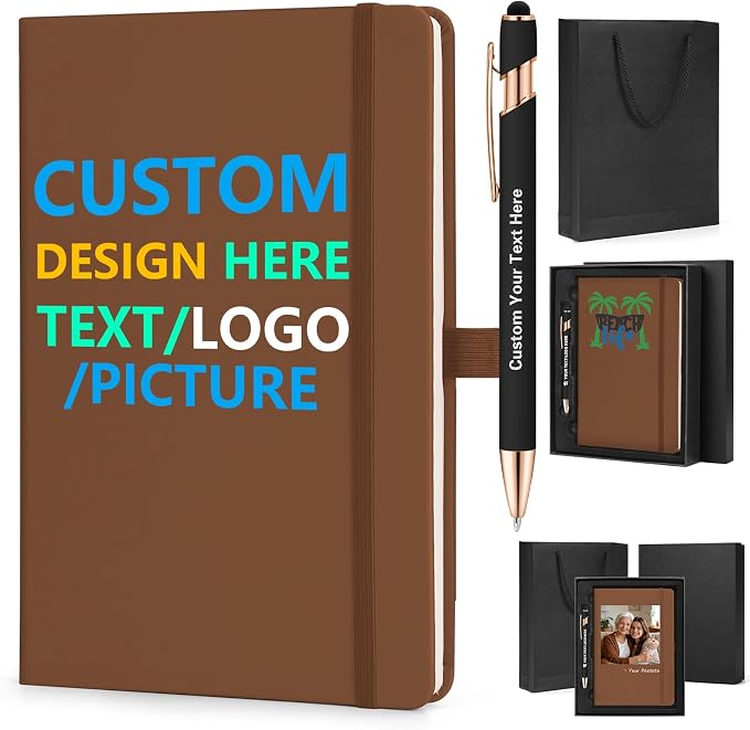 ENOMY Personalized Notebook Writing Set A5 Journal PU Leather Custom Notebook 200 Lined Pages Business Notebook with Metal Pen Gift Box for Holiday College Birthday Business Gift, Brown