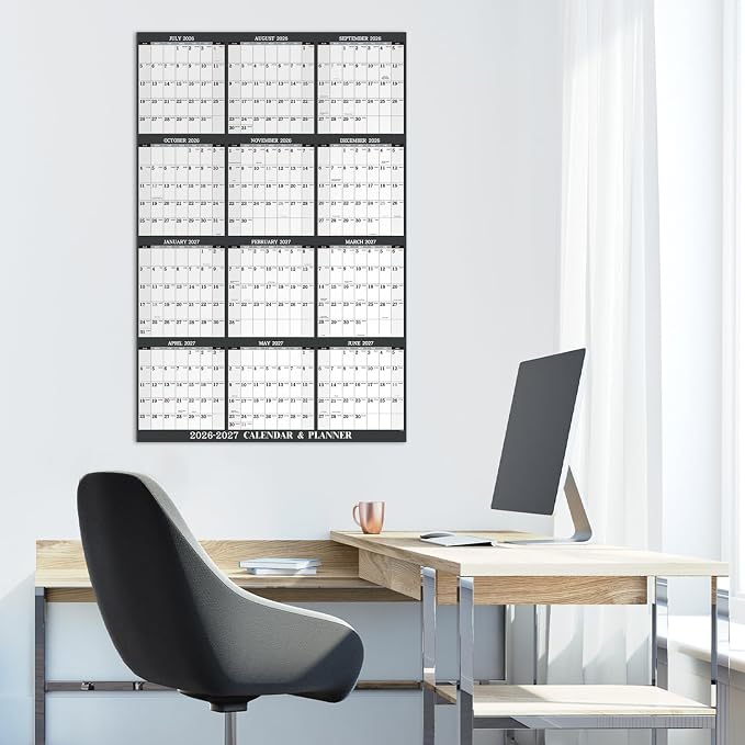 2026-2027 Yearly Wall Calendar - 26-27 Yearly Wall Calendar, Jul. 2026 - Jun. 2027, 34.3" x 22.8" (Open), Yearly Calendar 2026-2027 with Julian Date, Vertical Calendar with Premium Paper, Round & Planner Sticker, Gray