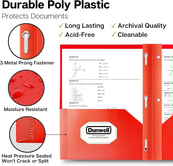 Dunwell Plastic 2-Pocket Folders with 3 Prongs, (2 Pack, Red), Durable Acid-Free Poly is Cleanable, Tear Resistant, 3-Clasp Document Holder, Labels Included