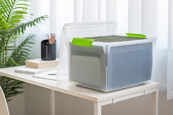 IRIS USA 4-Pack 35 Qt. File Box Organizer with Lid, Clear | Store documents and supplies with a secure closure, easy access, and organized storage for home or office use