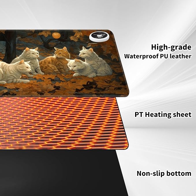 Heated Desk Pad Mouse Pad,Heated Desk Mat,with 3 Heating Levels & 3 Hours Auto Shut-Off,Leather 23.6"*14.2" Gaming Mouse Laptop Mat,Foot Warmer,Maple Leaves Cat