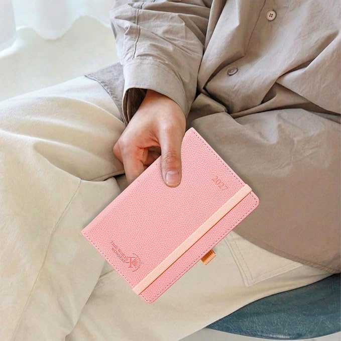 POPRUN 2027 Pocket Planner Weekly and Monthly (Purse Size-4'' x 6.25'') | Pocket Daily Calendar (Jan 2027 - Dec 2027) Appointment Book with Lined Sections, Leather Hardcover, 100GSM - Orange