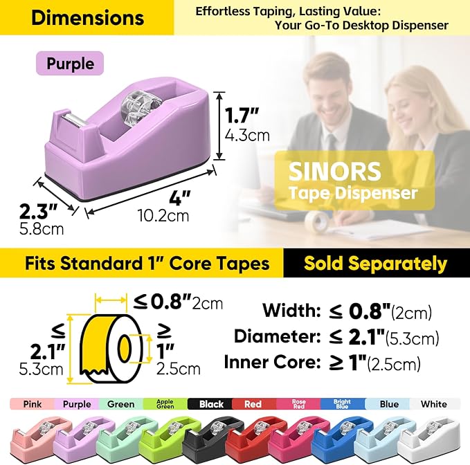 Desktop Office Tape Dispenser, Fits Standard 1-Inch Core Tapes, Weighted Base, Sharp Metal Blade, Smooth Cutting, Adhesive Roll Holder for Office, School, Shop, Home & Business - Purple