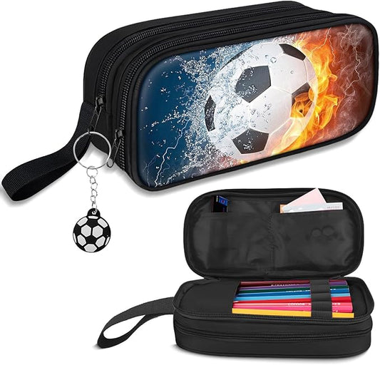 TILYTADLY Large Pencil Case for Boys - Soccer Boys Pencil Pouch with Zipper Compartments - Big Capacity Pen Box Pen Bag Organizer with Keychain for Kids Teens School