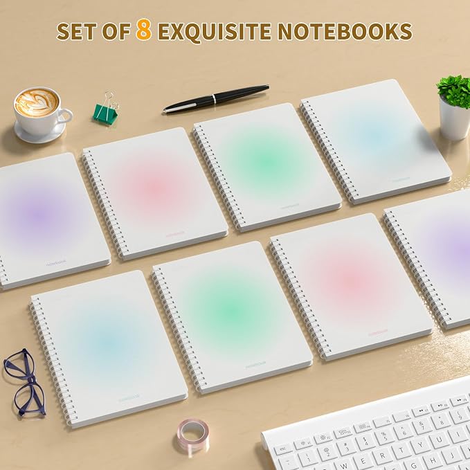 Oucaru Spiral Notebook College Ruled 8 Pack A5 (5.9" x 8.3") Journaling Notebooks 140 Pages 100GSM Gradient Small Lined Notebook Waterproof PP Cover for Work School Business Travel Note Books