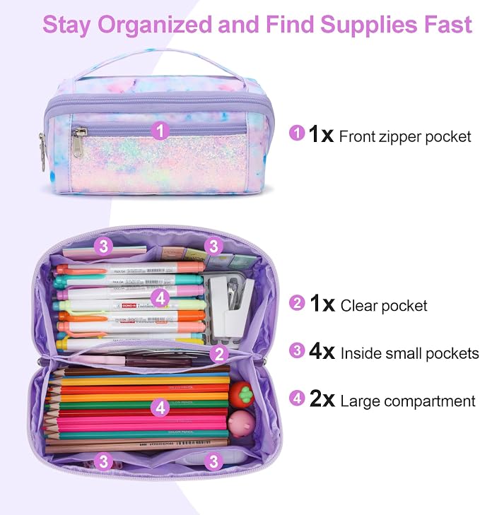 Large Pencil Case for Girls - Aesthetic Pencil Pouch for School | Kids Pencil Case & Wide Handle, Water Resistent Organizer Box, Fits 50 Pens & Markers, Daily Use, Glitter Purple Tie-Die