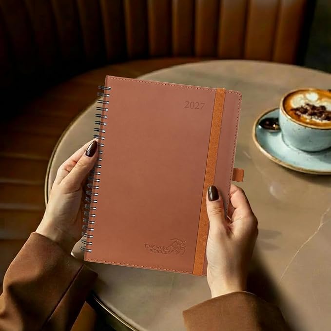 POPRUN 2027 Planner, 6.5'' x 8.5'', Weekly and Monthly Daily Calendar Book | 2027 Agenda(Jan - Dec) Appointment Book with Hourly Time Slots, Monthly Tabs, 100GSM, Spiral Leather Cover - Burgundy