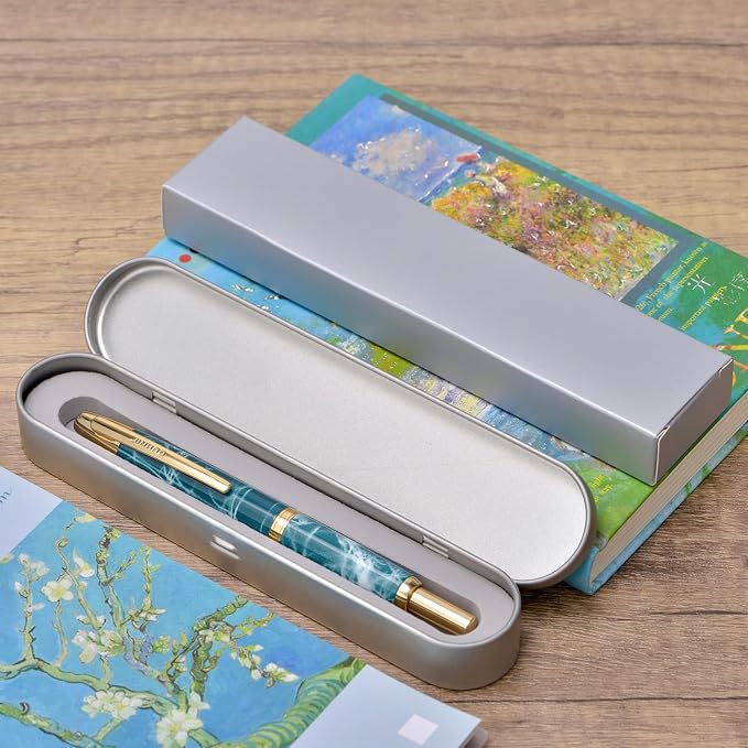 Jinhao 10 Press Fountain Pen with Box, Marble Blue Retractable Medium Nib with Ink Converter Set (Golden Clip)