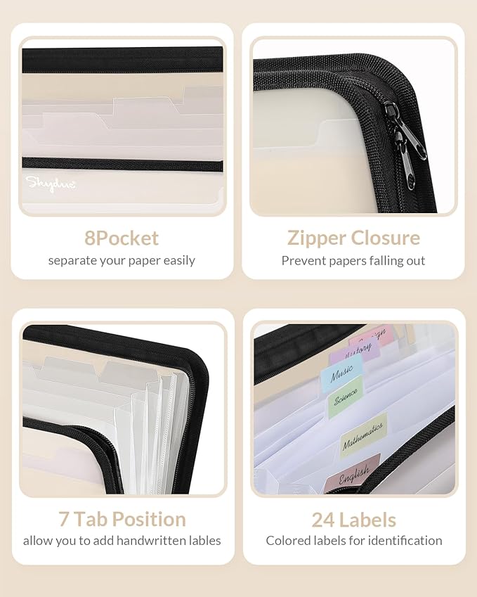 SKYDUE Accordion File Organizer, 7 Pocket Expanding File Folder with Front Pocket, Letter Size, Important Document Organizer with Double Zipper,Travel Folder, School Office Supplies